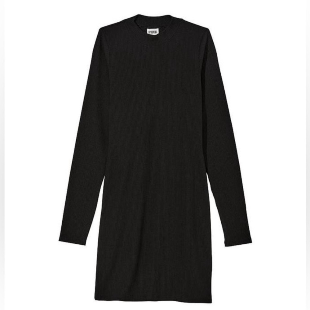 🐱PINK Victoria's Secret stretch cotton mock- neck Black Long Sleeve Dress - Picture 3 of 7